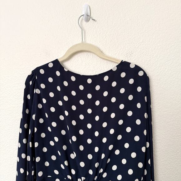 [J. Crew] Navy Blue White Polka Dot Long Sleeve Crepe Peplum V-Neck Blouse Sz 12 - Picture 6 of 12